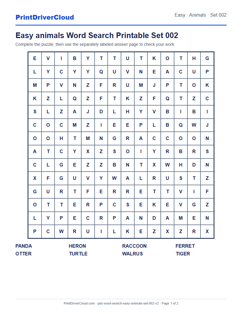 Easy Animals Word Search Printable Set 002 preview