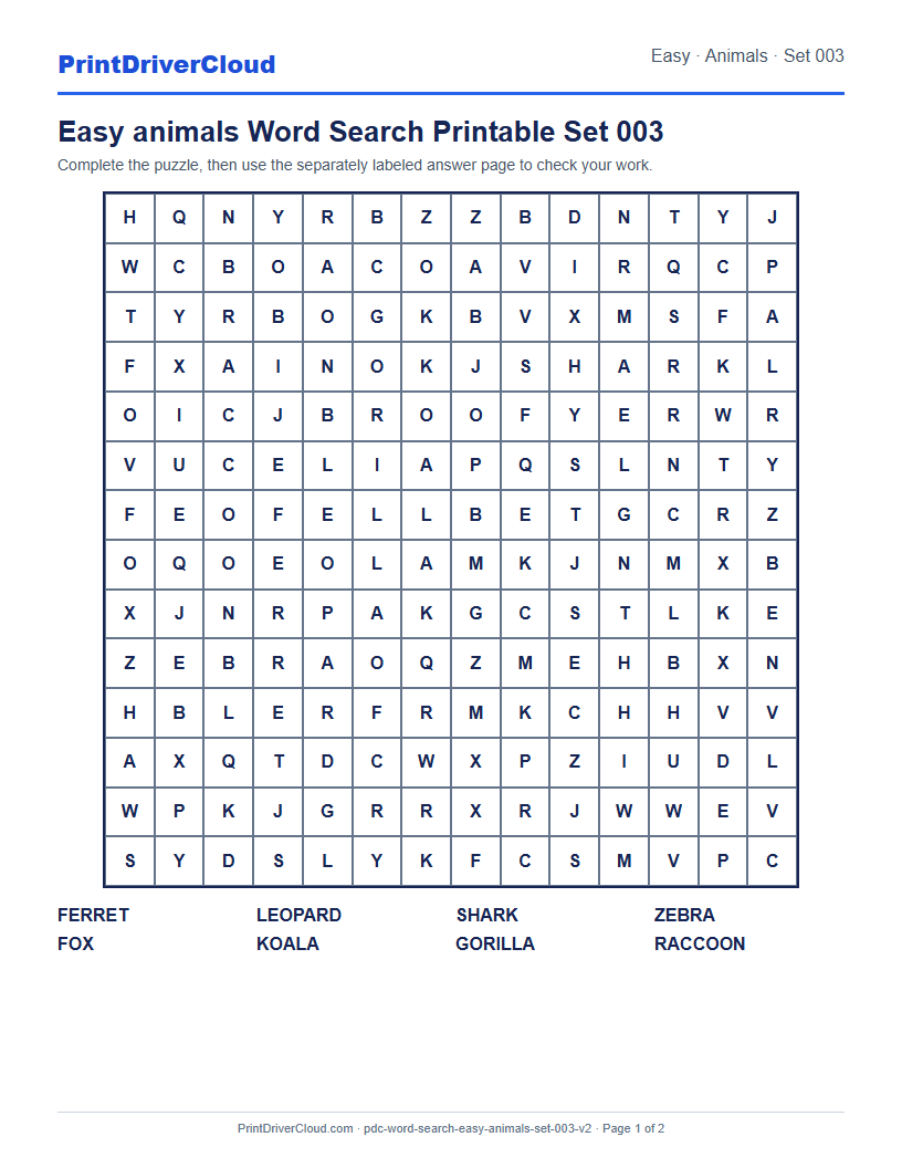 Easy Animals Word Search Printable Set 003 preview