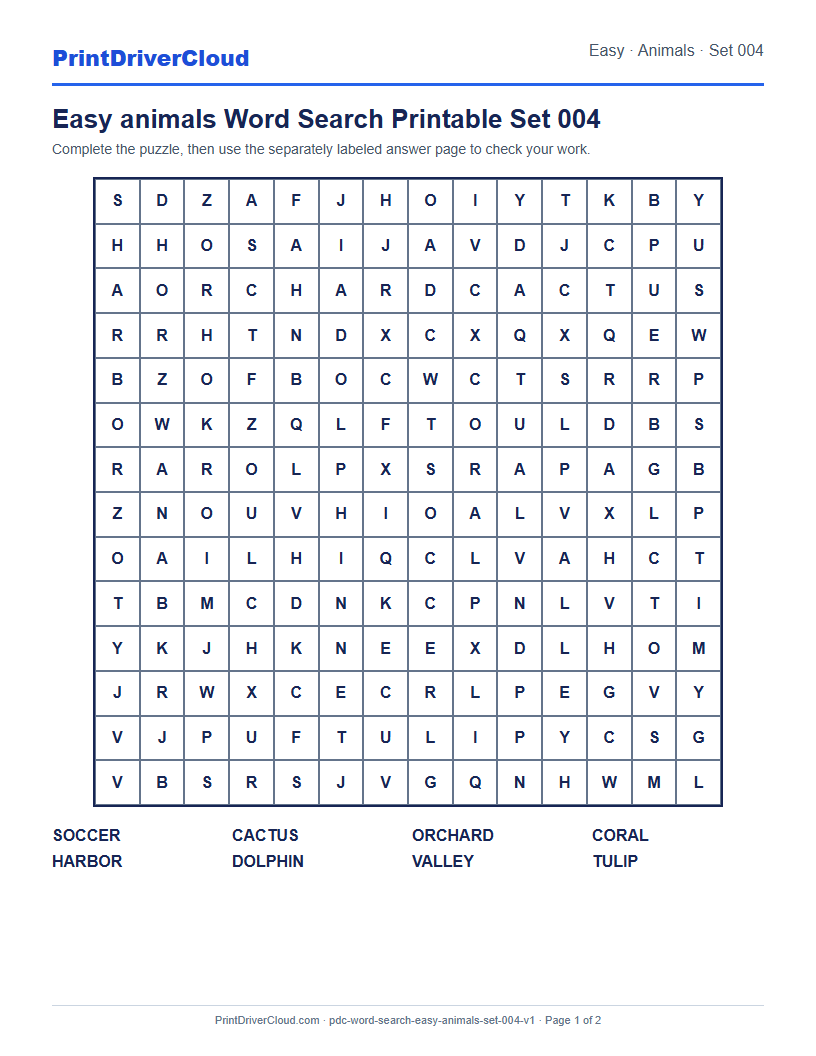 Preview of Easy animals Word Search Printable Set 004