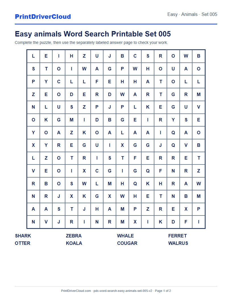 Easy Animals Word Search Printable Set 005 preview