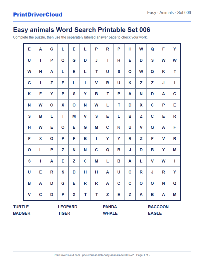 Easy Animals Word Search Printable Set 006 preview