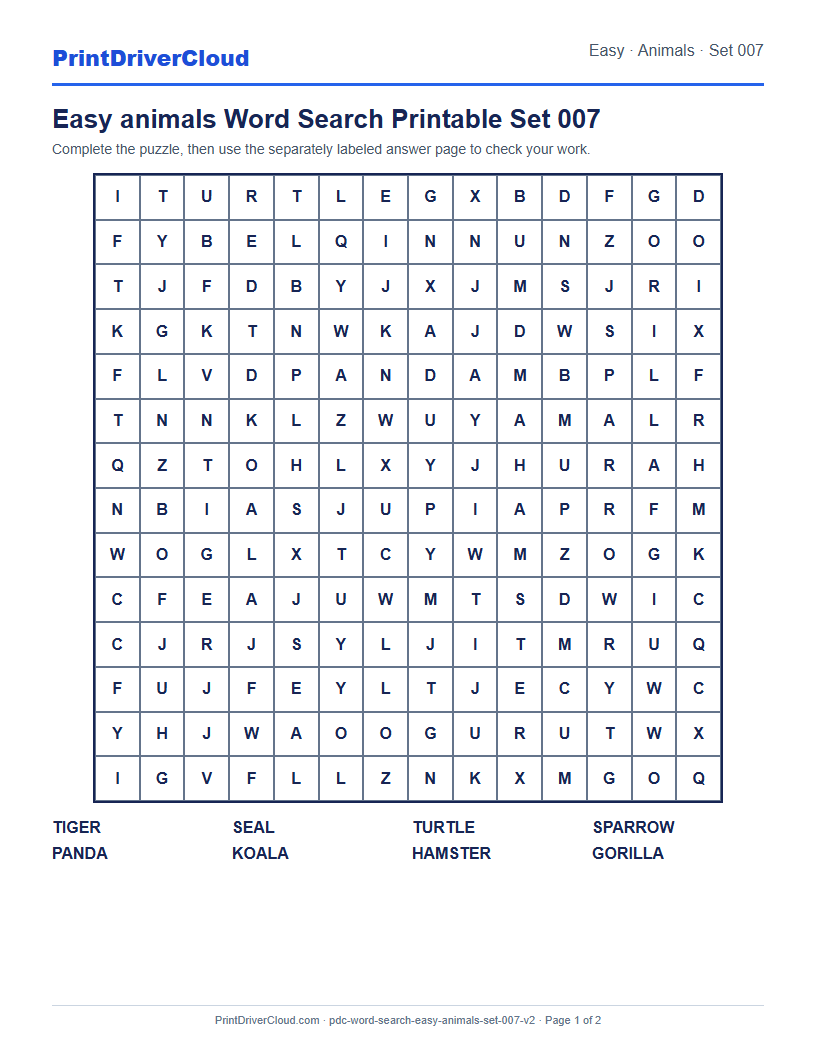 Easy Animals Word Search Printable Set 007 preview