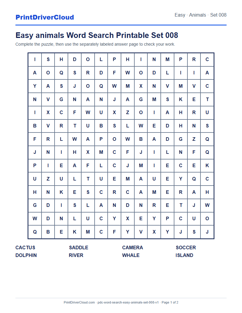 Preview of Easy animals Word Search Printable Set 008