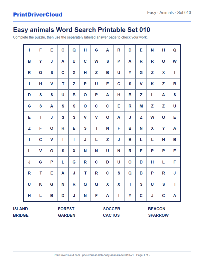 Preview of Easy animals Word Search Printable Set 010