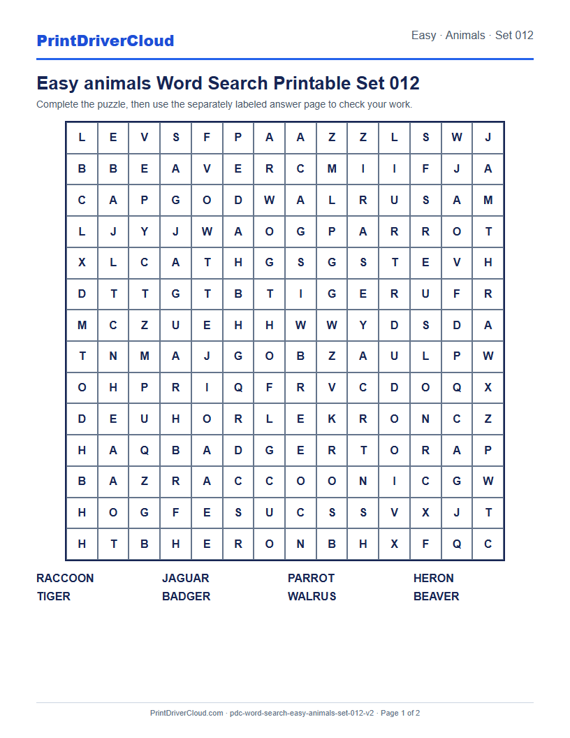 Easy Animals Word Search Printable Set 012 preview
