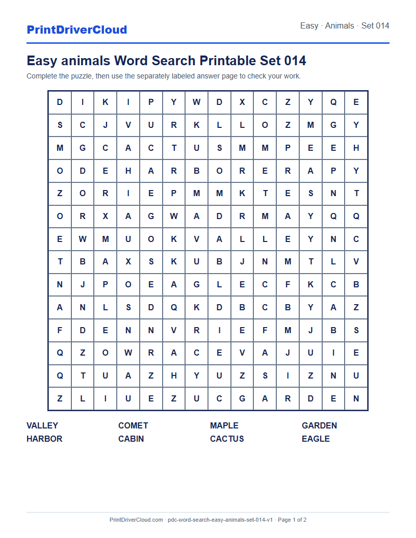 Preview of Easy animals Word Search Printable Set 014