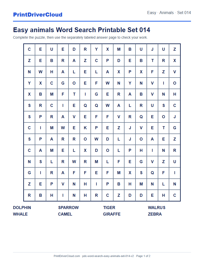 Easy Animals Word Search Printable Set 014 preview