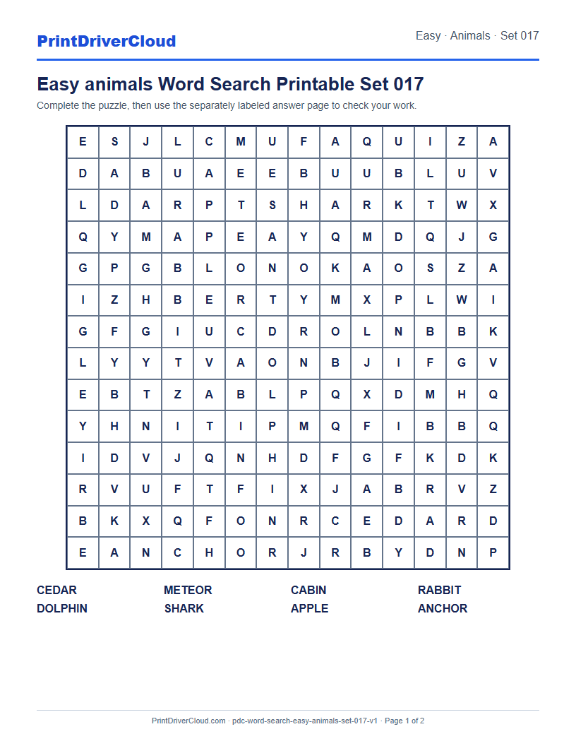 Preview of Easy animals Word Search Printable Set 017