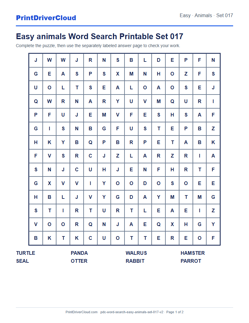 Easy Animals Word Search Printable Set 017 preview