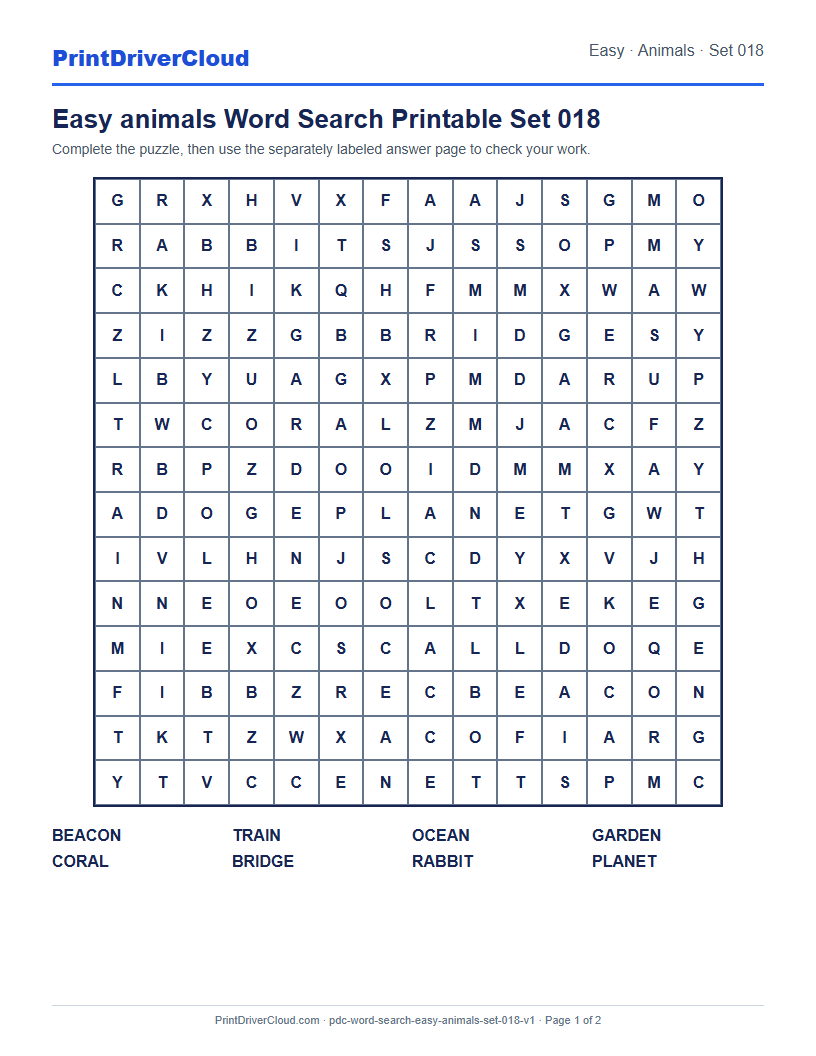 Preview of Easy animals Word Search Printable Set 018