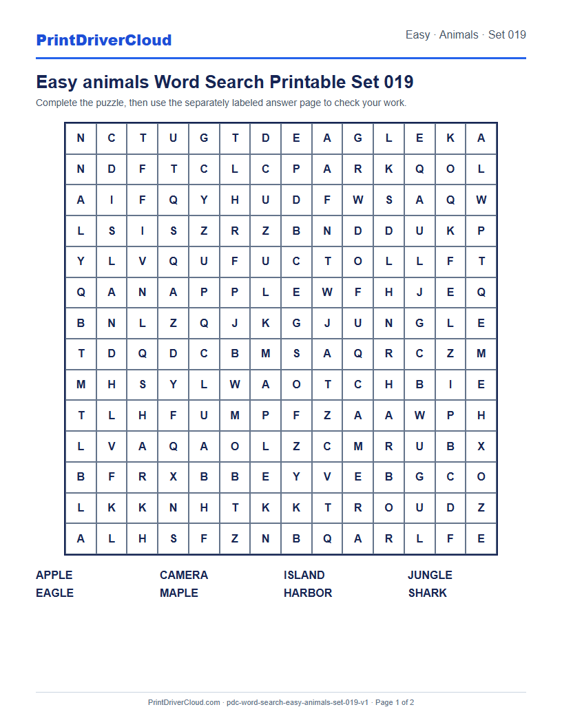 Preview of Easy animals Word Search Printable Set 019