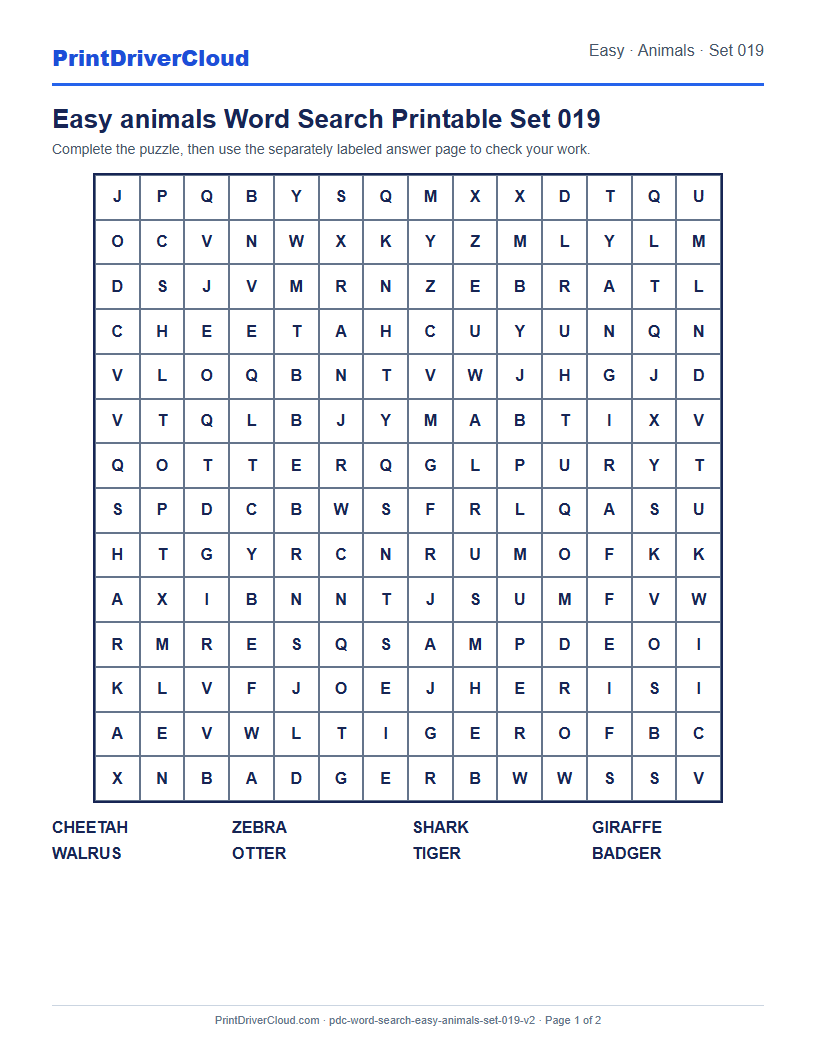 Easy Animals Word Search Printable Set 019 preview