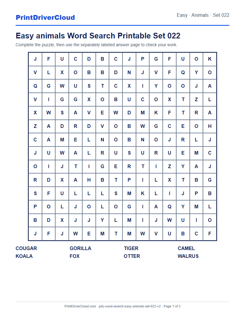 Easy Animals Word Search Printable Set 022 preview