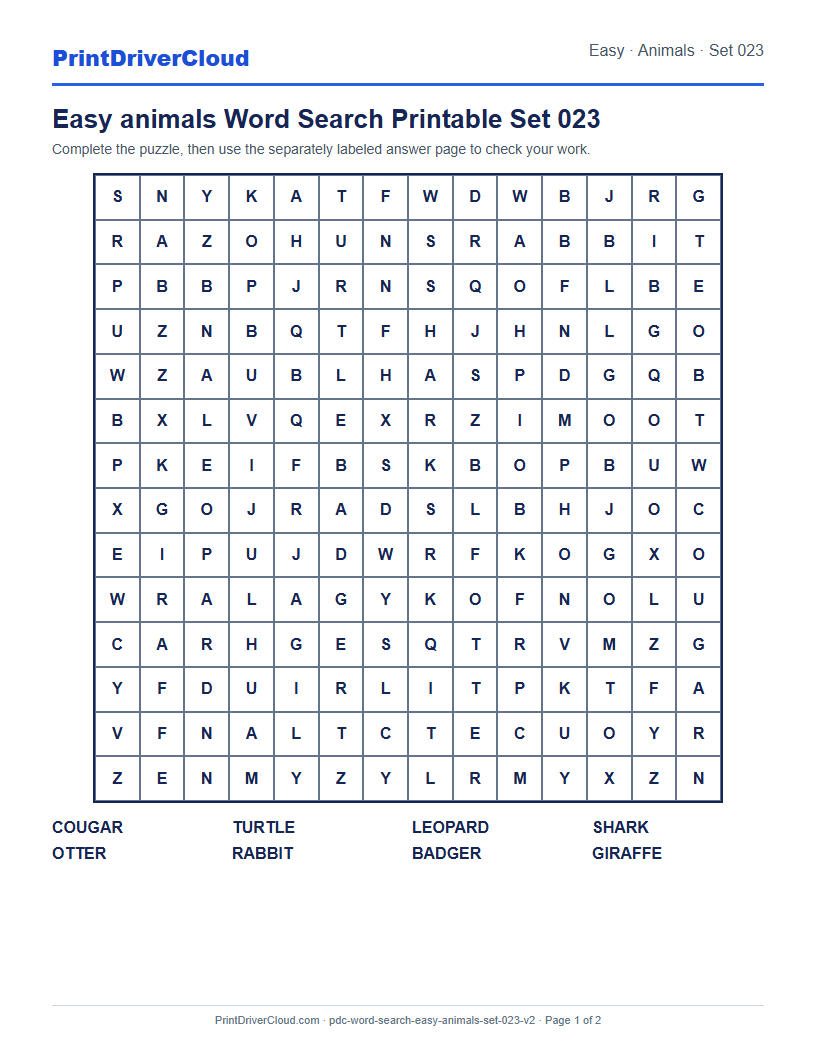 Easy Animals Word Search Printable Set 023 preview