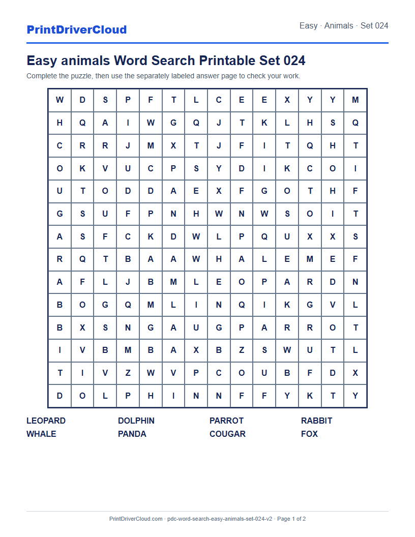 Easy Animals Word Search Printable Set 024 preview