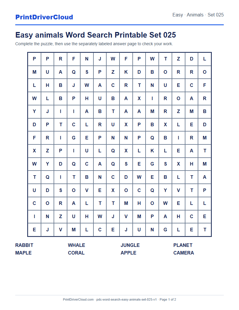 Preview of Easy animals Word Search Printable Set 025