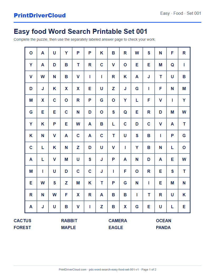 Preview of Easy food Word Search Printable Set 001