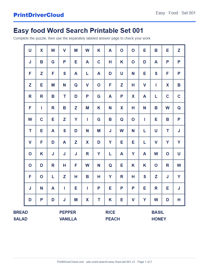 Easy Food Word Search Printable Set 001 preview