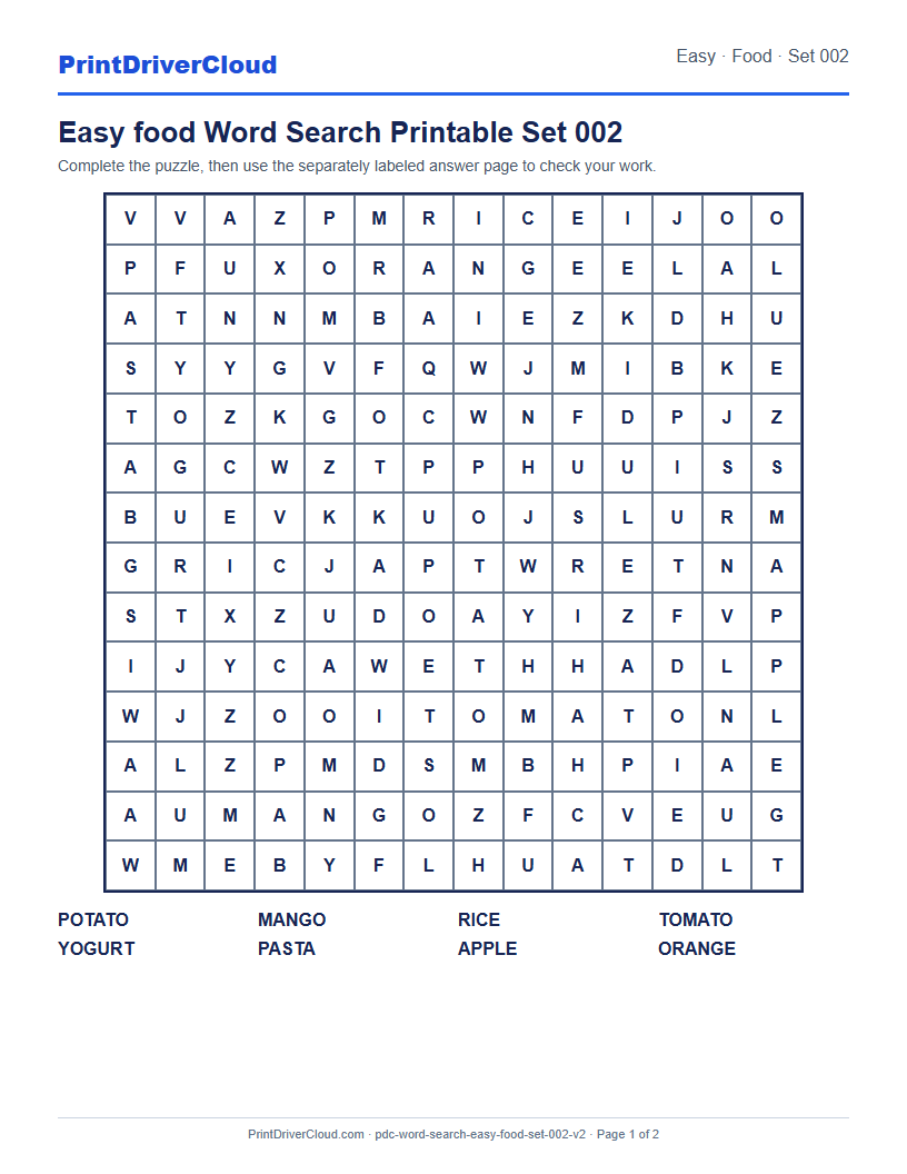 Easy Food Word Search Printable Set 002 preview