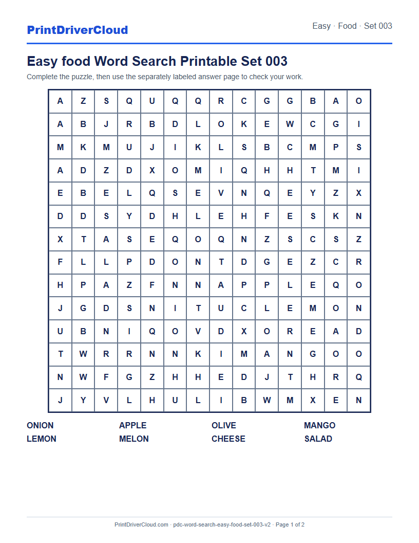 Easy Food Word Search Printable Set 003 preview