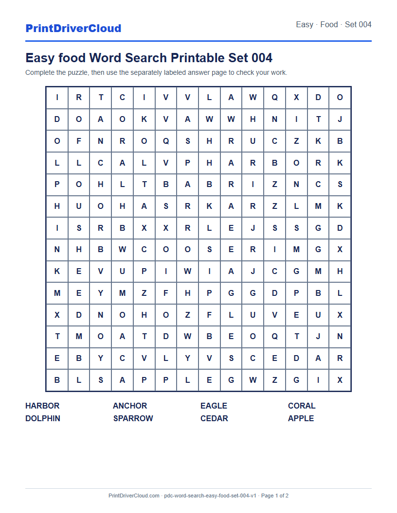 Preview of Easy food Word Search Printable Set 004