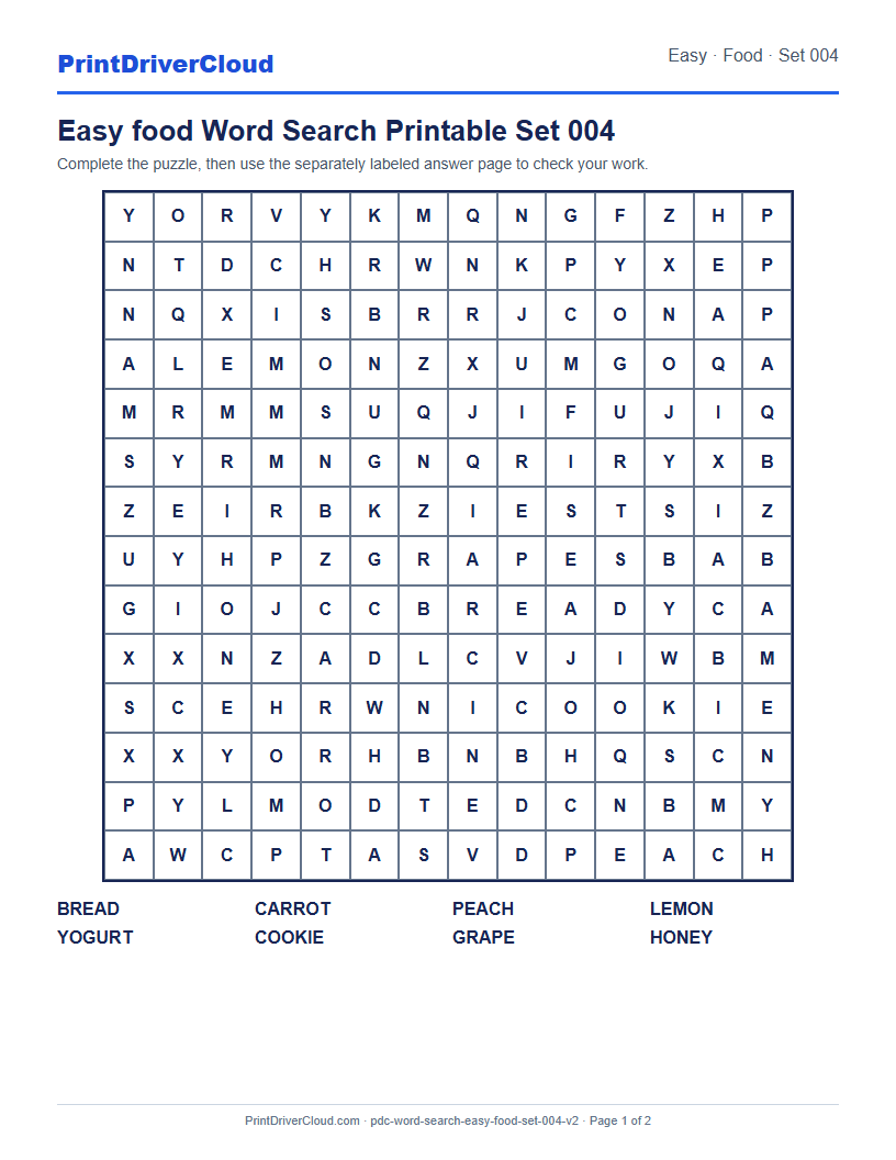 Easy Food Word Search Printable Set 004 preview