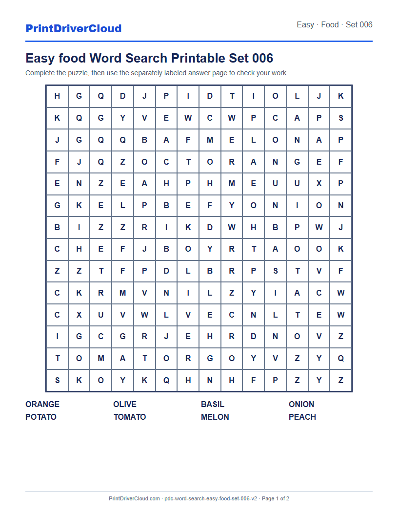 Easy Food Word Search Printable Set 006 preview
