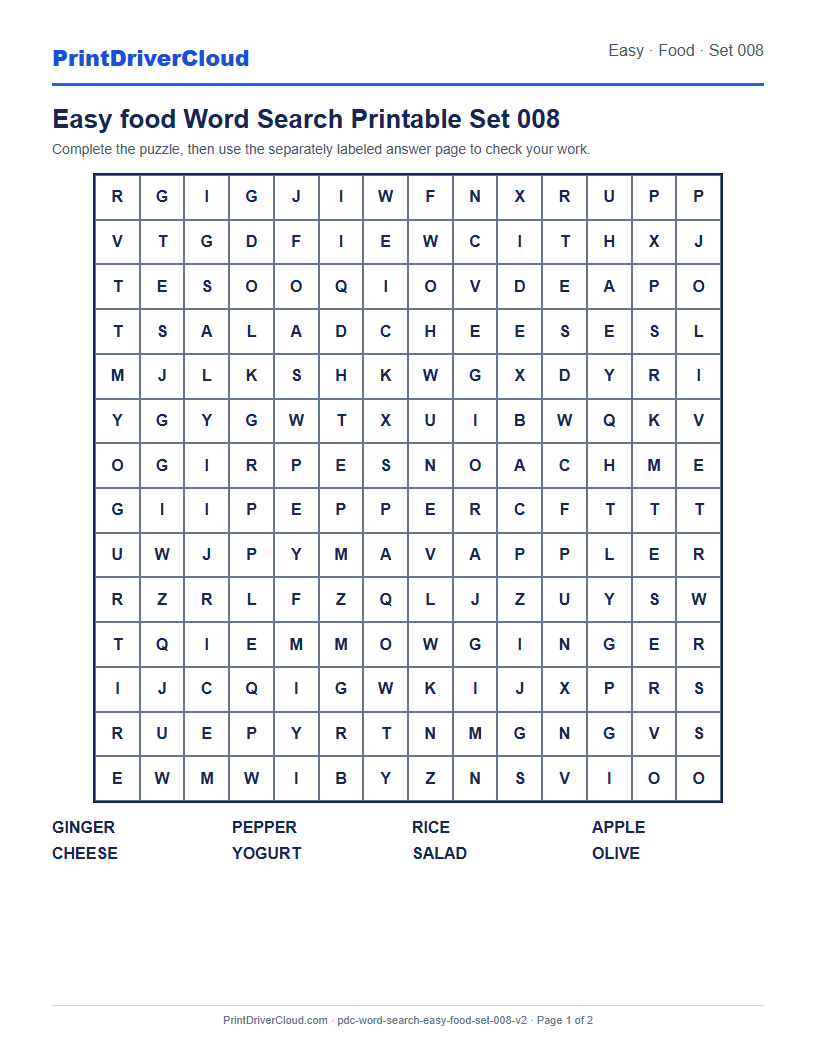 Easy Food Word Search Printable Set 008 preview