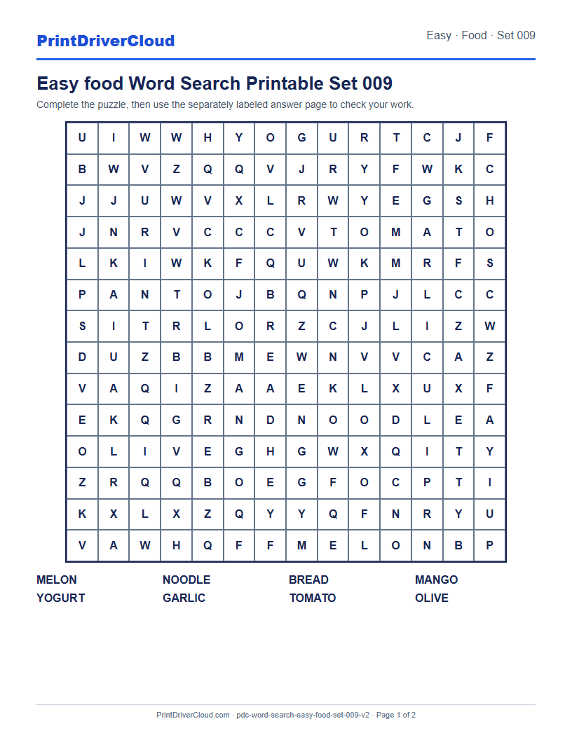 Easy Food Word Search Printable Set 009 preview