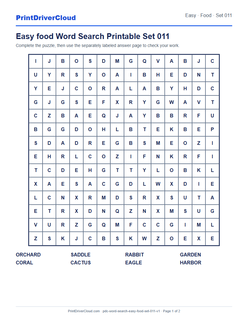 Preview of Easy food Word Search Printable Set 011