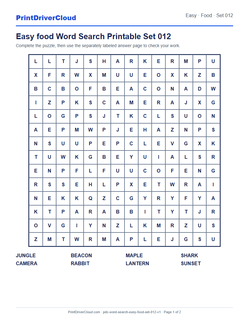 Preview of Easy food Word Search Printable Set 012