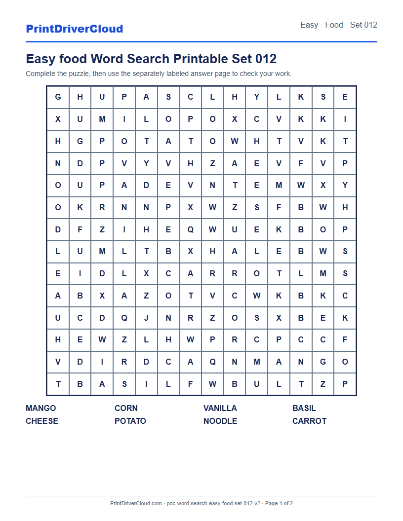 Easy Food Word Search Printable Set 012 preview