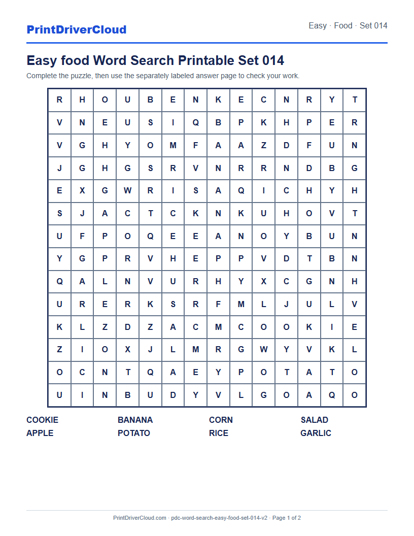 Easy Food Word Search Printable Set 014 preview