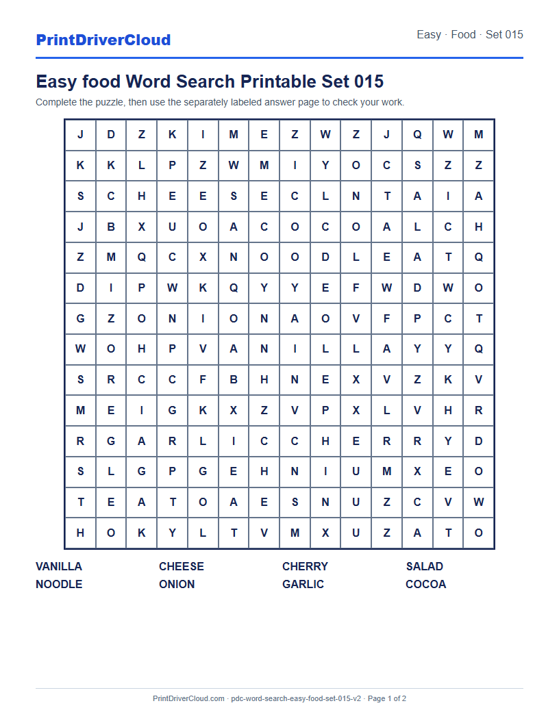 Easy Food Word Search Printable Set 015 preview