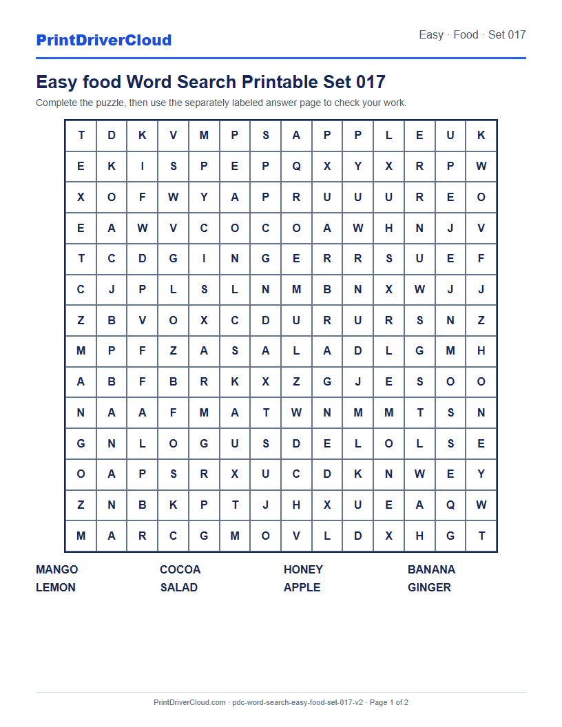 Easy Food Word Search Printable Set 017 preview