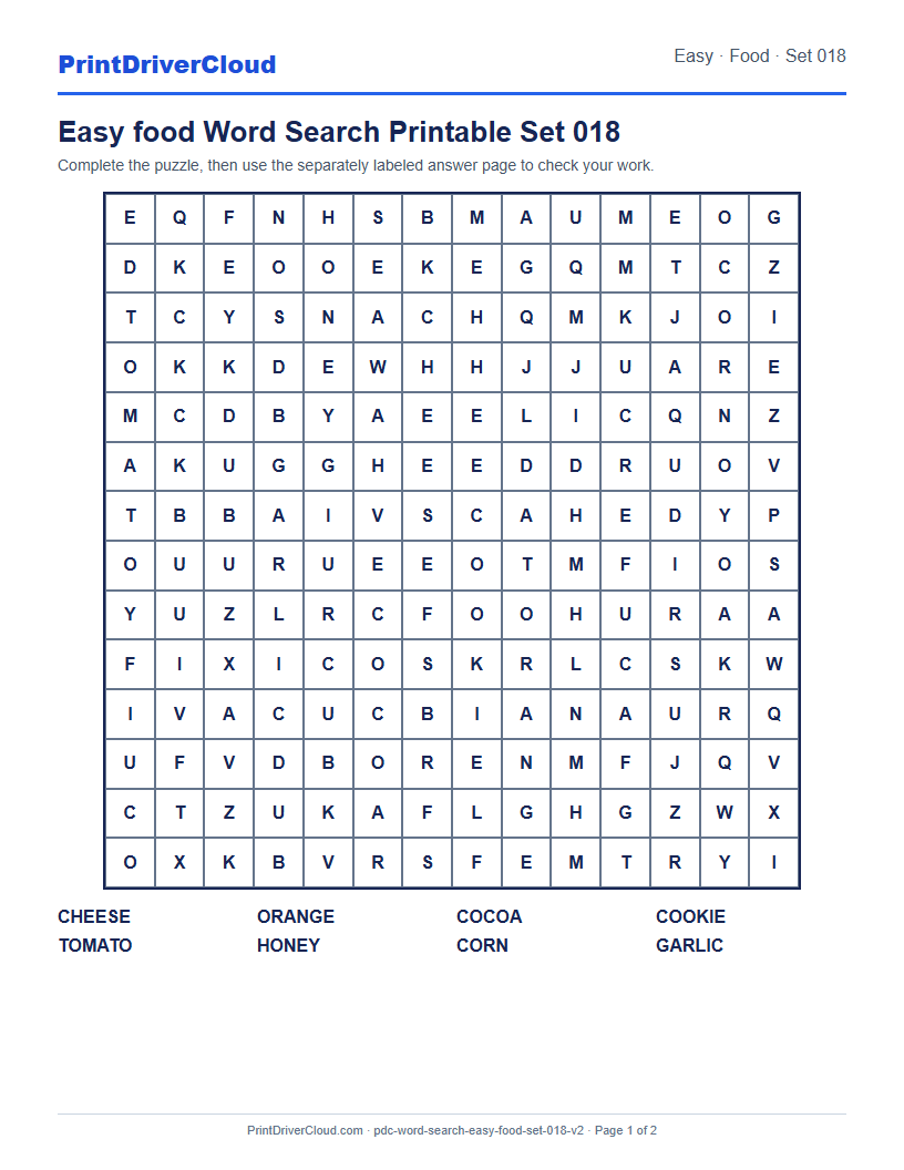Easy Food Word Search Printable Set 018 preview