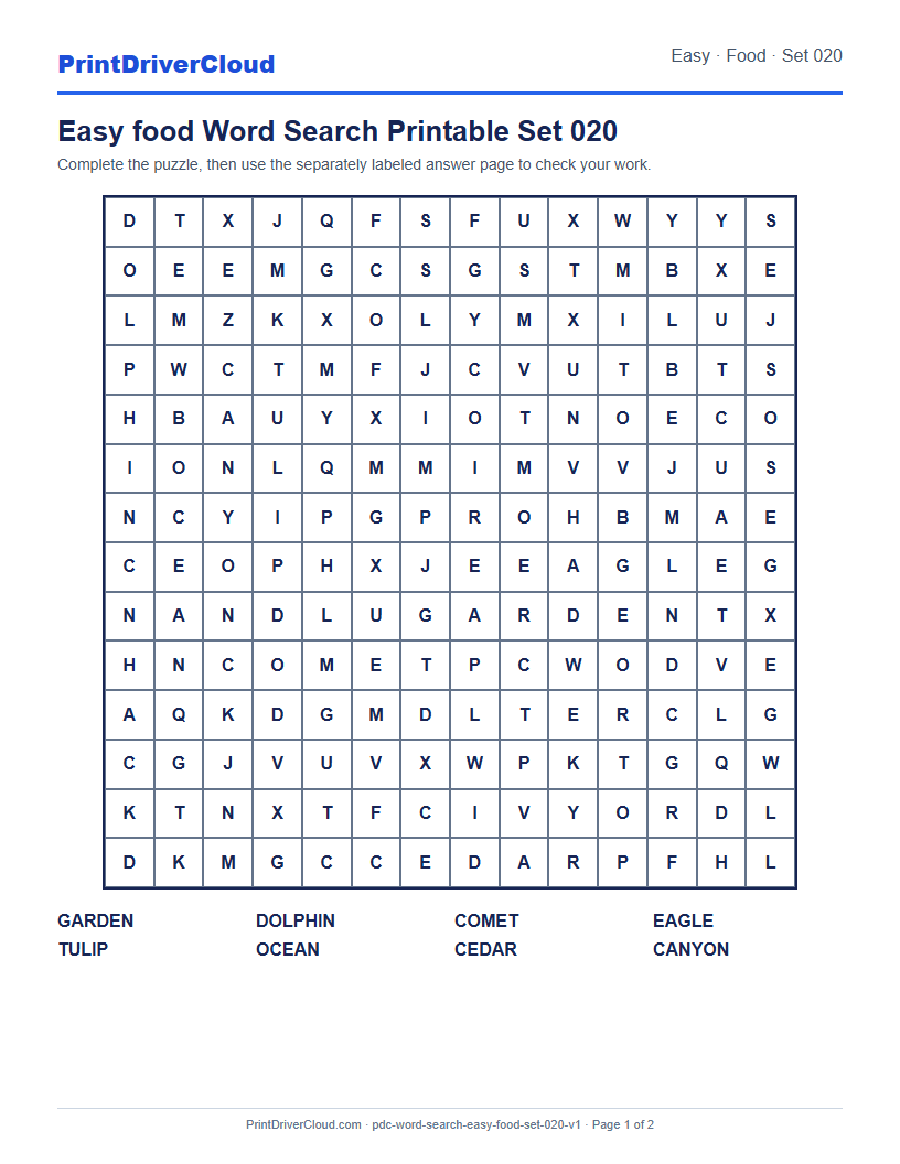 Preview of Easy food Word Search Printable Set 020