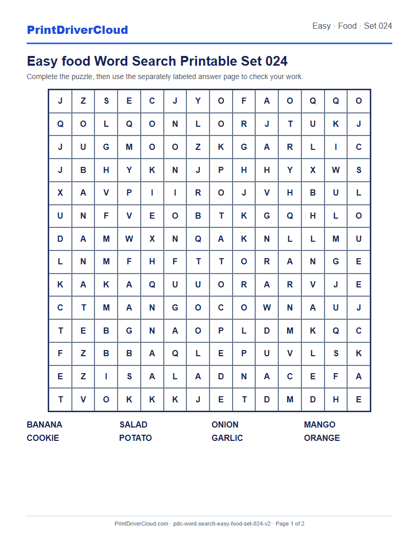 Easy Food Word Search Printable Set 024 preview