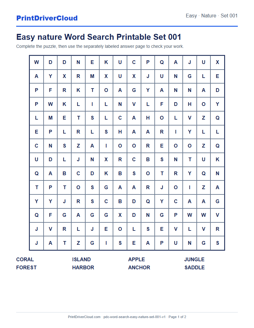 Preview of Easy nature Word Search Printable Set 001