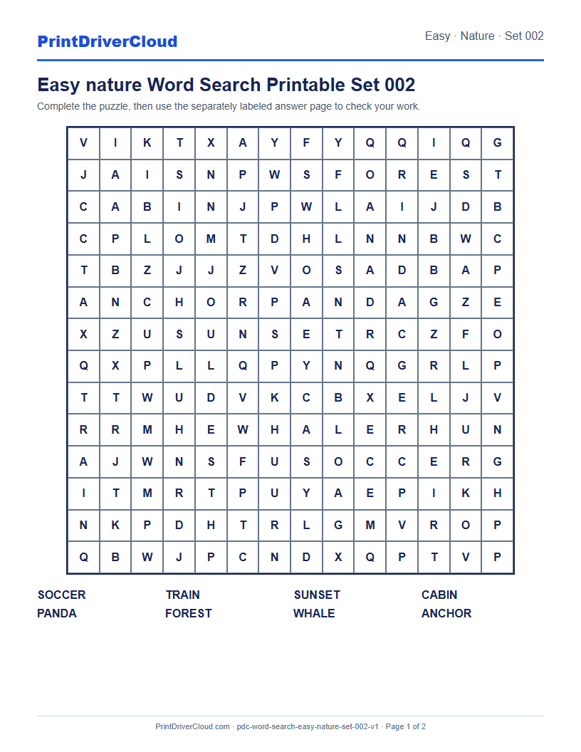 Preview of Easy nature Word Search Printable Set 002