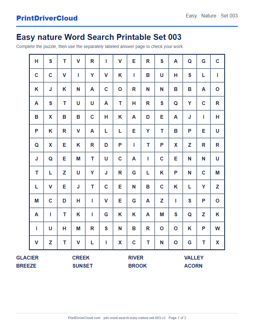 Easy Nature Word Search Printable Set 003 preview
