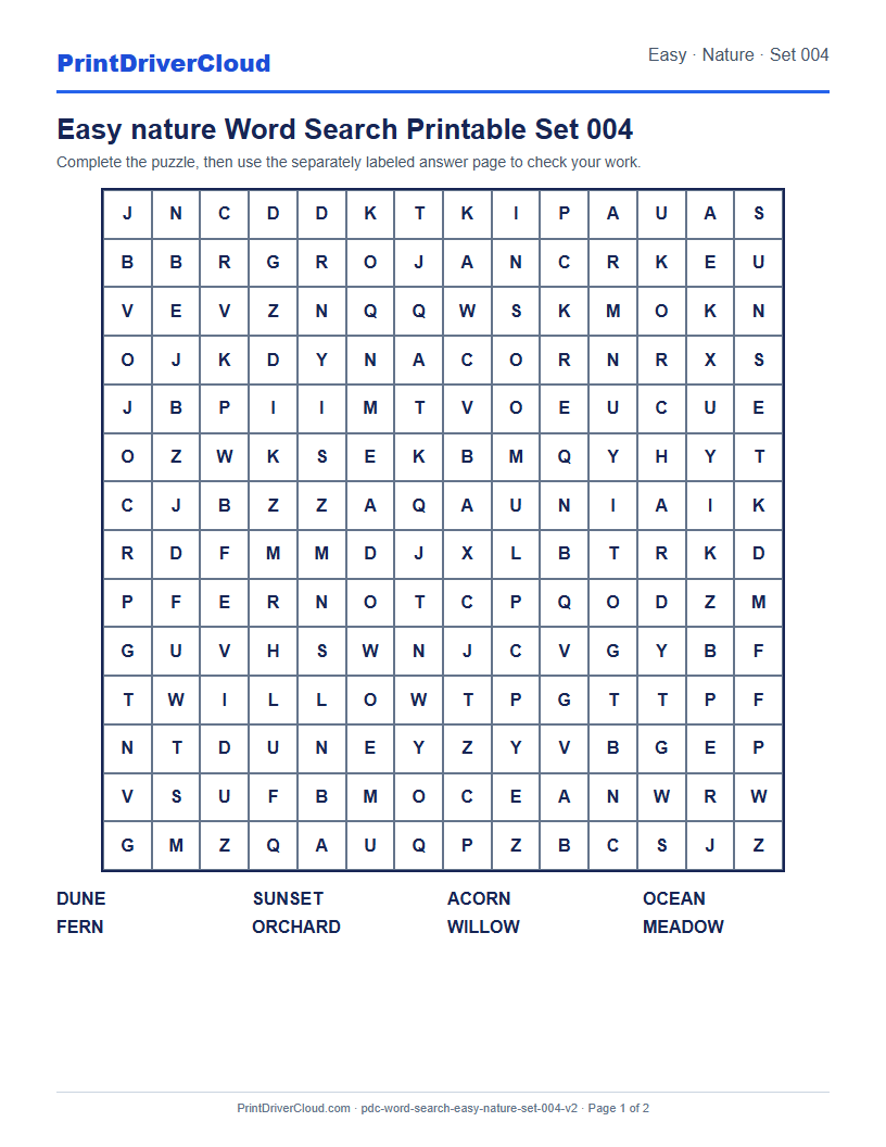 Easy Nature Word Search Printable Set 004 preview