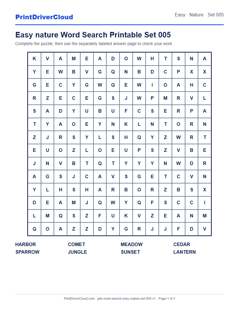 Preview of Easy nature Word Search Printable Set 005