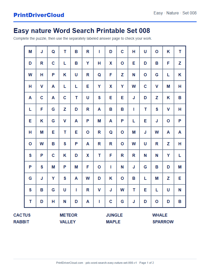Preview of Easy nature Word Search Printable Set 008