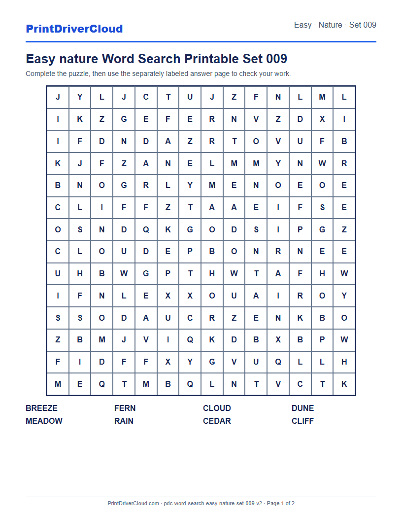 Easy Nature Word Search Printable Set 009 preview