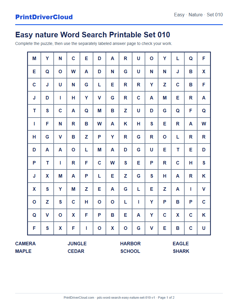 Preview of Easy nature Word Search Printable Set 010