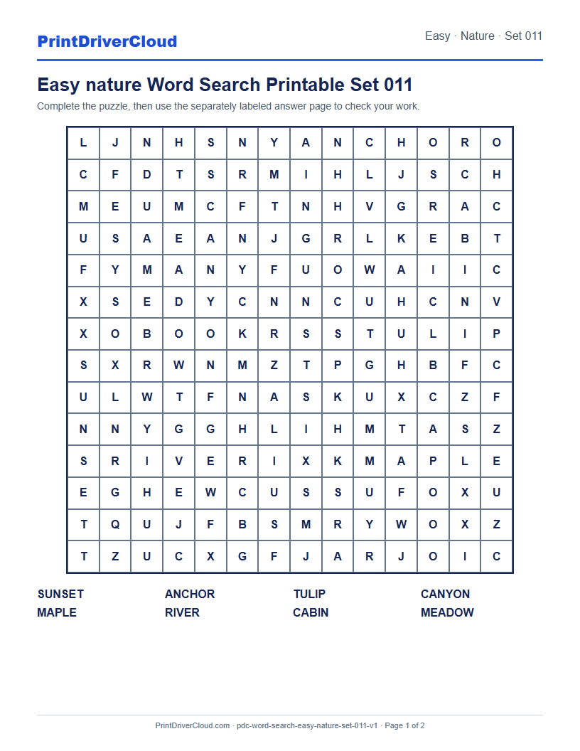 Preview of Easy nature Word Search Printable Set 011