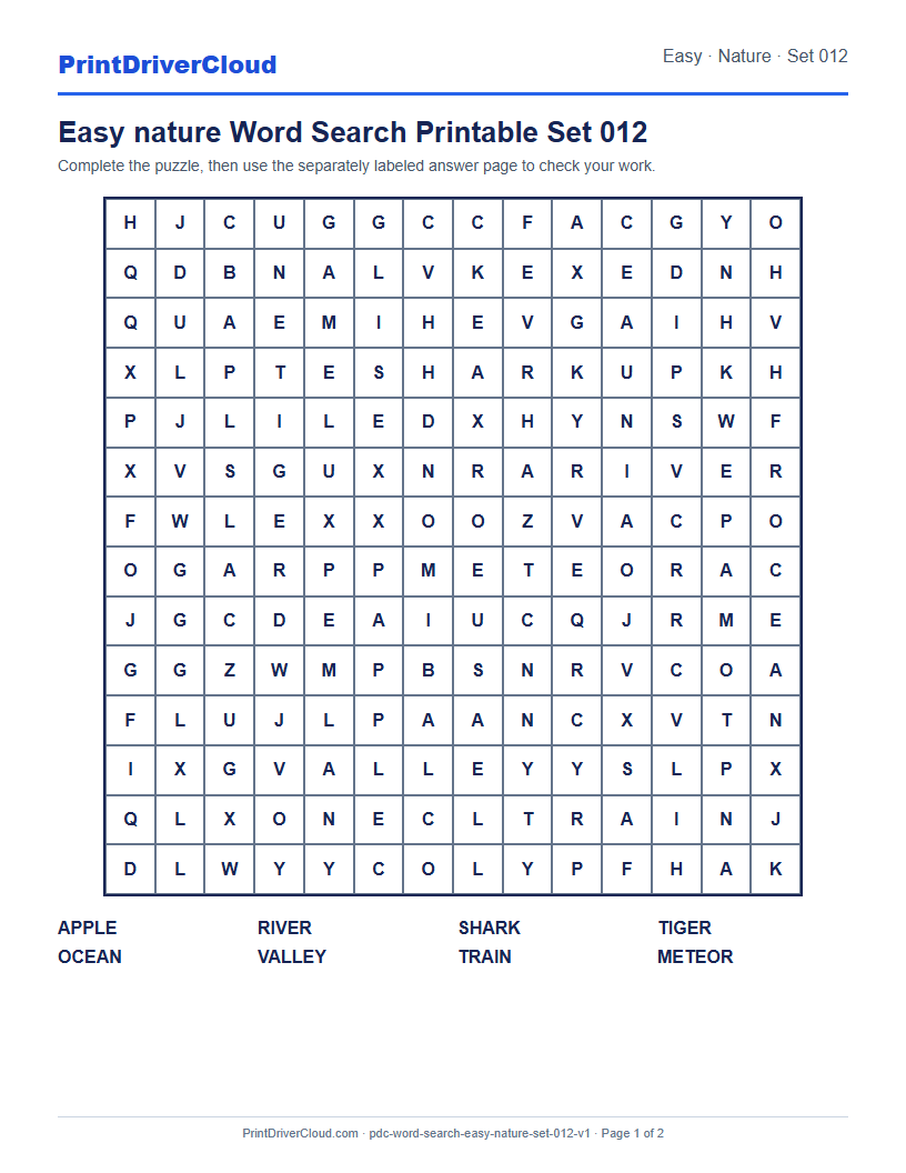 Preview of Easy nature Word Search Printable Set 012