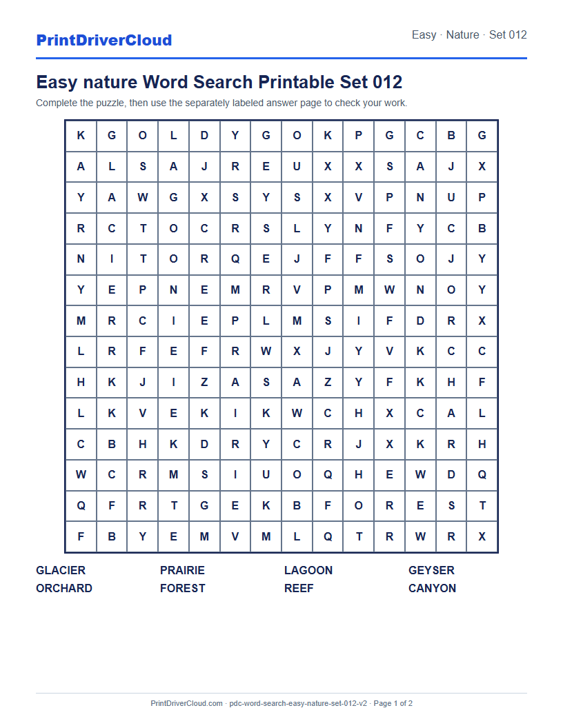 Easy Nature Word Search Printable Set 012 preview