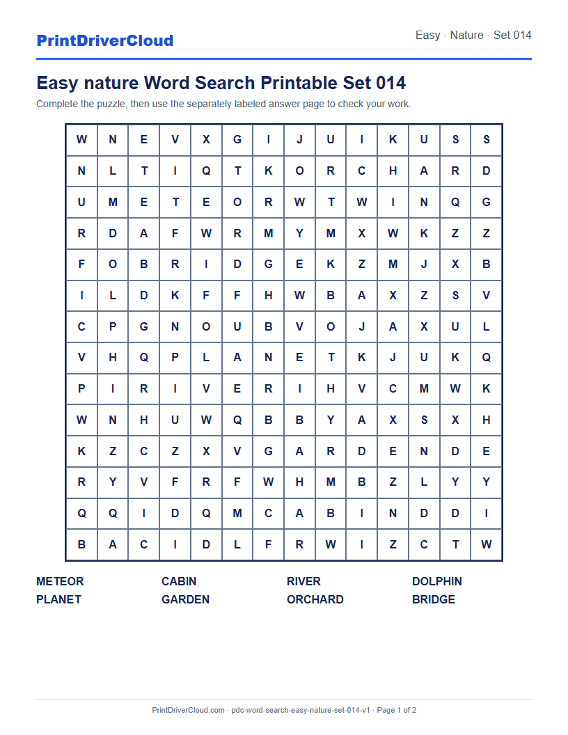Preview of Easy nature Word Search Printable Set 014